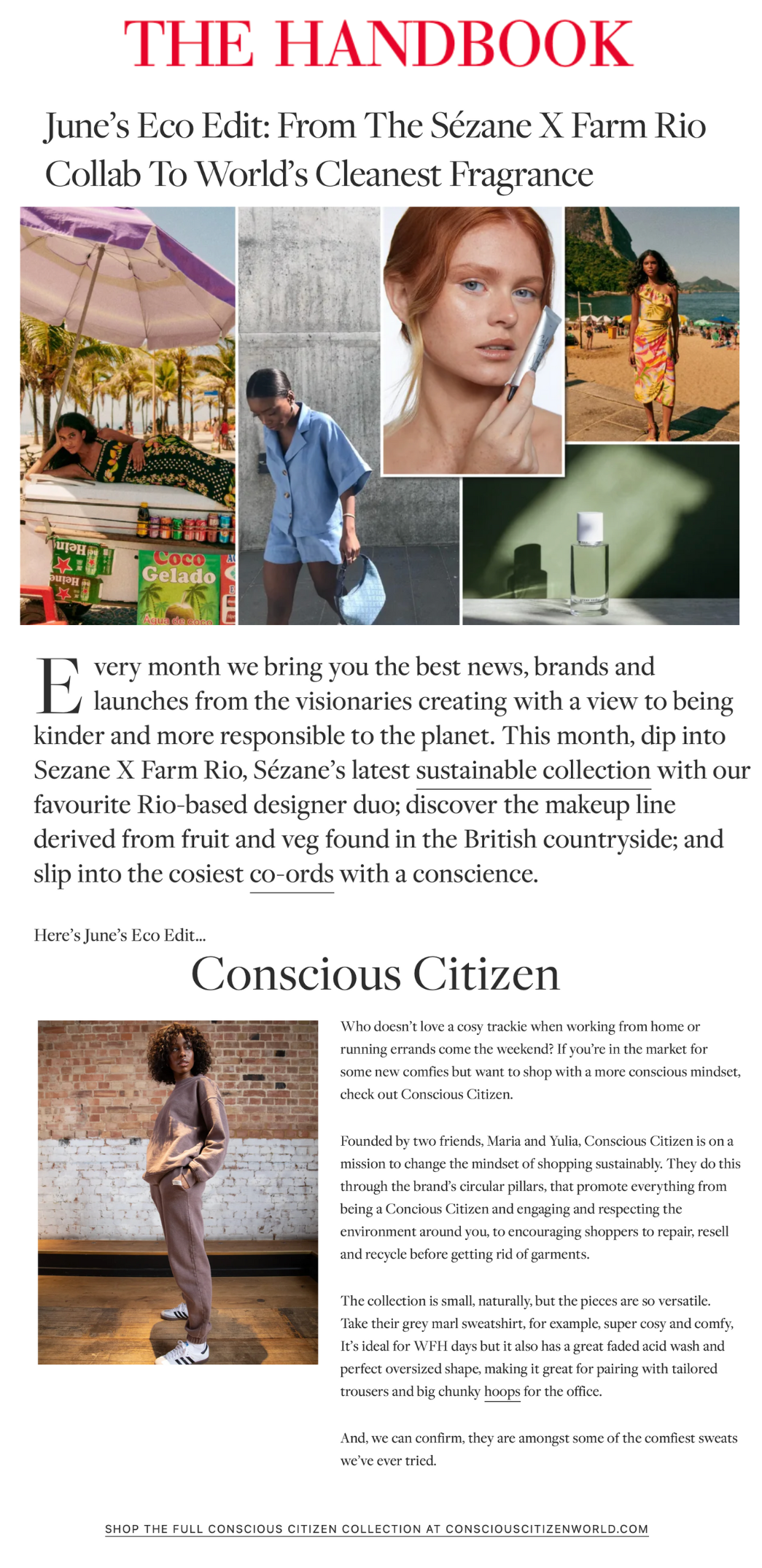 the handbook summary featuring woman in organic cotton sweatshirt and joggers