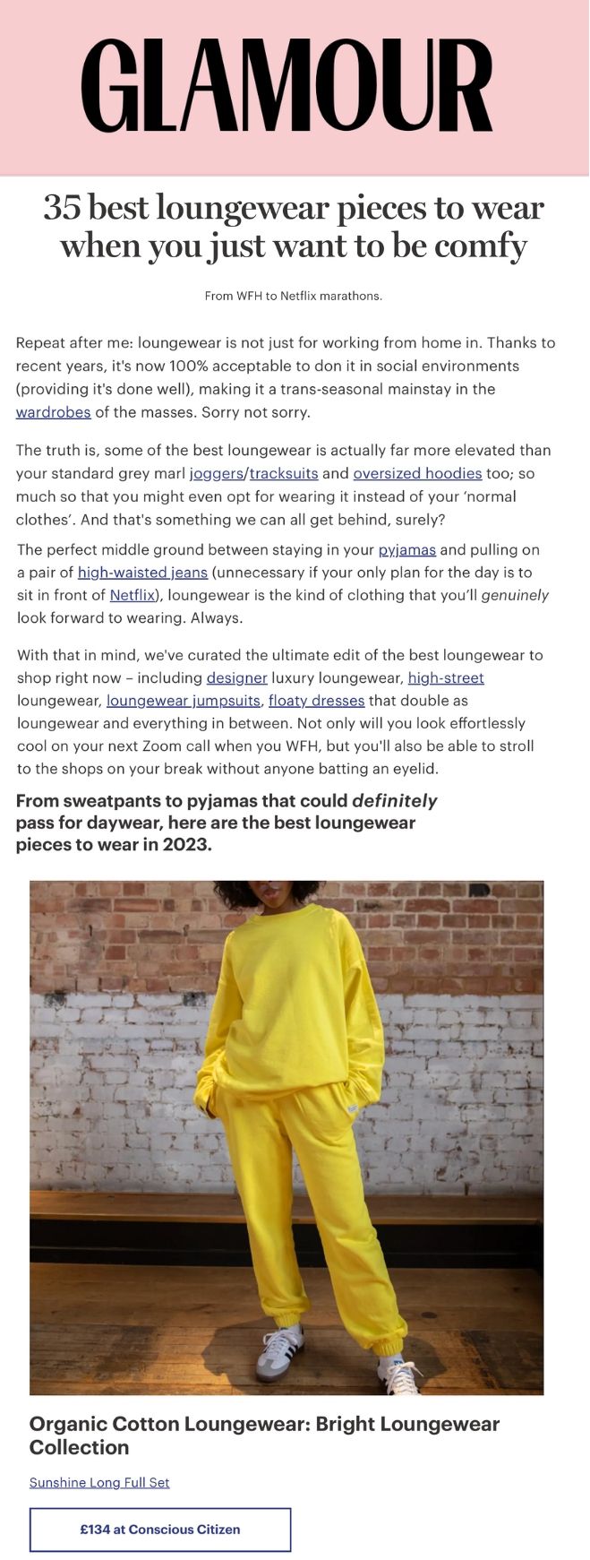 woman standing in organic cotton sustainable yellow sweatshirt and joggers